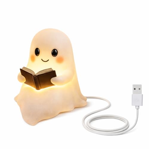Ghost Night Light with Book, USB Powered LED Lamp, Warm White Glow, Resin, Cute Kawaii Figurine, Bedroom Nightlight