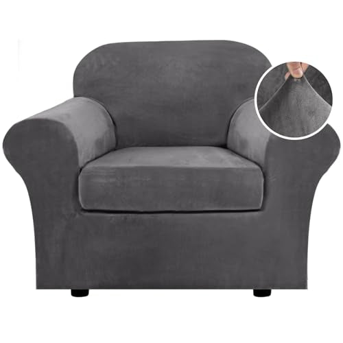 H.VERSAILTEX Rich Velvet Stretch 2 Piece Cover Chair Slipcover Sofa Cover Furniture Protector Couch Soft with Elastic Bottom Chair Couch Cover with Arms Width Up to 49 Inch(Chair,Grey)