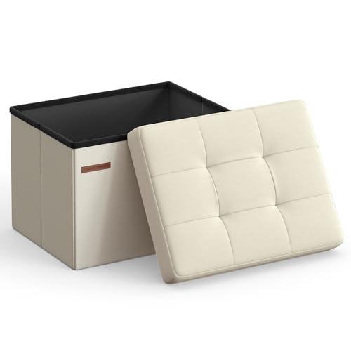 SONGMICS Mazie Collection - Small Folding Storage Ottoman, Foot Rest Stool, 12.2 x 16.1 x 12.2 Inches, 286 lb Load Capacity, for Living Room, Bedroom, Home Office, Dorm, Cream White ULSF102W01