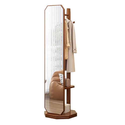Floor-Standing Solid Wood Rotating Coat Rack，360° Rotating Full Length Mirror with Coat Rack and Hanging Hooks 2 in 1 Freestanding Floor Mirror and Clothes Hanger for Living Room Bedroom and