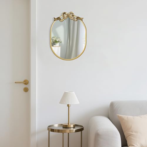 SANY DAYO HOME Wall Hanging 16″ x 12″ Gold Metal Framed Oval Mirror with Decorative Bow, Modern Farmhouse Real Glass Accent Mirror for Vanity, Bathroom, Entryway