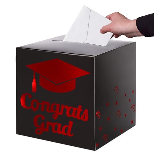 Graduation Card Box Holder, Congrats Grad Foldable Cardboard Decorations Box for Graduation Party Decoration and Grad Parties (Black-red)