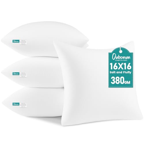 Oubonun 16 x 16 Throw Pillow Inserts - Soft, Plush & Decorative Down Alternative Pillows for Couch Sofa Bed, Machine Washable - White, Pack of 4