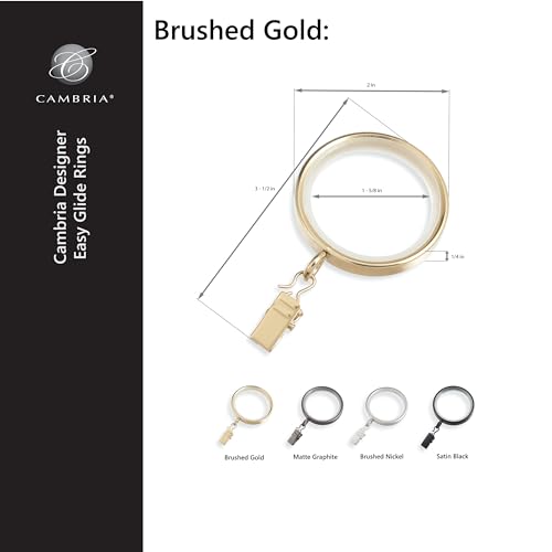 MODE Cambria Designer Series - Premium Easy Glide 18 Count Curtain Rings - Metal with Smooth, Quiet Nylon Inserts with Clips - 2 inch Diameter (1-5/8 inch Inside Diameter) - Brushed Gold