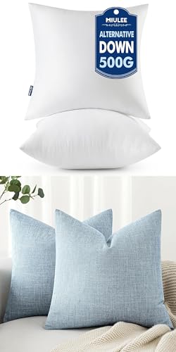 MIULEE Pack of 2 18x18 Inch Pillows Inserts 100% Virgin Microfiber Filling Throw Pillows and Decorative Linen Burlap Textured Pillow Covers Light Blue