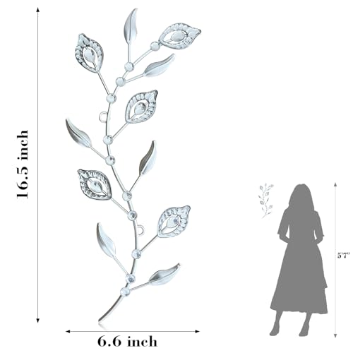 sxnzequnze 2 Set Metal Tree Leaf Wall Art for Home Decor Living Room Bedroom Dining Room Bling Rhinestone, 3D, Iron Branch Hanging Leaf Sculpture Art Pieces -Silver 16.5in*6.7in