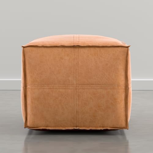 SIMPLIHOME Brody 18" Wide Vegan Leather Square Pouf in Distressed Camel