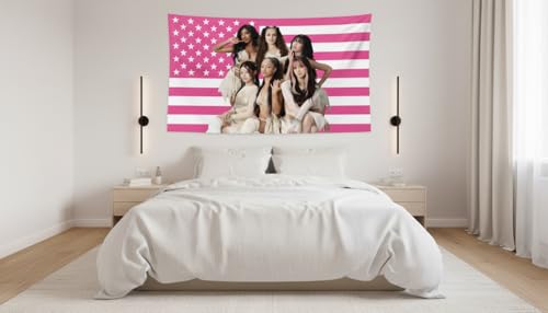 Katseye Pink American Flag Tapestry, 3x5 FT Polyester Wall Hanging with Brass Grommets, Single-Side Print for Bedroom Studio Decor