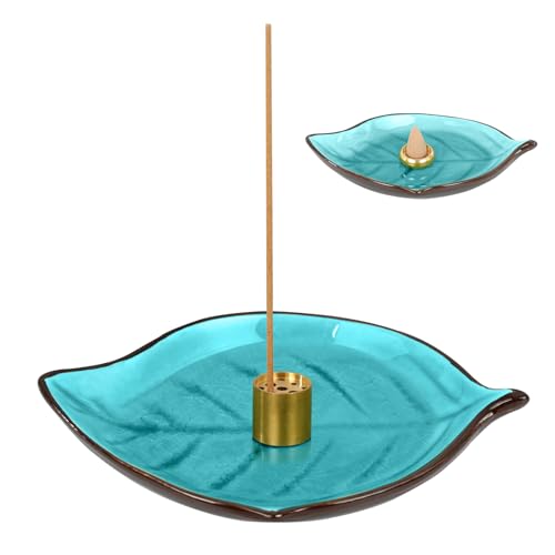 Incense Holder for Sticks (9 Holes) and Cones, Handmade Ceramic Incense Ash Catcher for Meditation, Yoga, SPA Days, Relaxing, Home Decor, Candle Holder, Easy to Clean, Leaf-Shape (Blue)