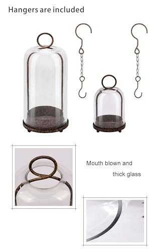 5" & 4" Wide Versatile Metal Candle Holder in Rustic Brown with Handmade Thick, Heavy & Sturdy Glass Dome for Pillar Candle, Industrial, Modern, Shelf, Mantel, Veranda, Porch