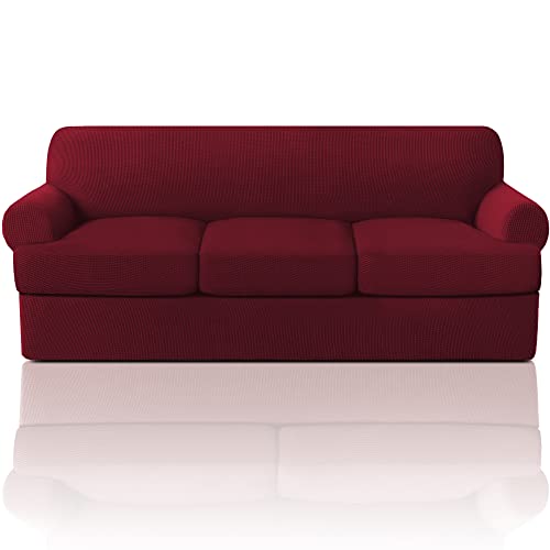 T Cushion Sofa Slipcovers Bundle 3/4 Pieces Sofa Covers, Furniture Protector, Plaid Pattern, Removable and Washable, Burgundy