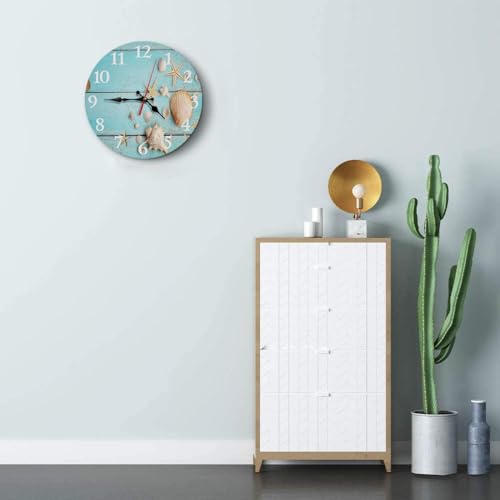 Britimes Round Wall Clock, Silent Non-Ticking Battery Operated Clock 10 Inch, Decor for Bathroom, Bedroom, Kitchen, Office or School Summer Beach Seashell