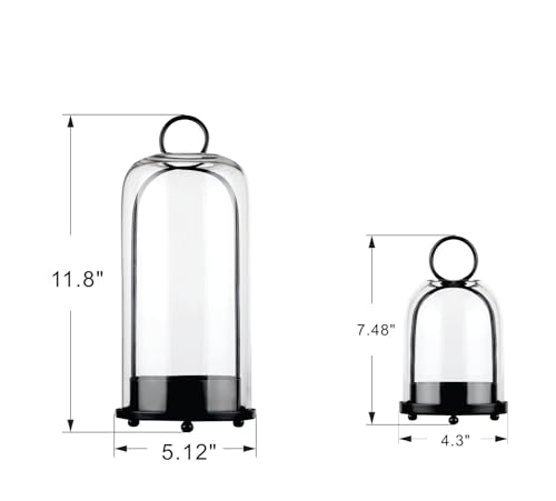 5" & 4" Wide Versatile Metal Candle Holder in Black with Handmade Thick, Heavy & Sturdy Glass Dome for Pillar Candle, Industrial, Modern, Shelf, Mantel, Veranda, Porch (Black, Large & Small)