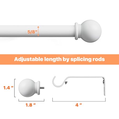 White Curtain Rods for Windows 28-48 inch, 2 Pack 5/8" Curtain Rod Set with Brackets, Splicing Adjustable Curtain Rod for Bedroom, Kitchen, Living Room, Matte White