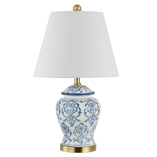JONATHAN Y 22.25" Blue/White Chinoiserie Ceramic Urn Table Lamp, Traditional Classic Nightstand Lamp for Living Room Bedroom, White Linen Shade, LED Bulb Included JYL3085A
