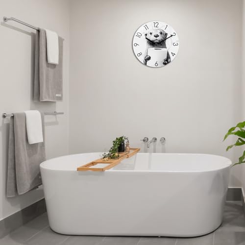 Crosstime Bathroom Wall Clock Modern Style Waterproof Glass Clock for Bathroom, Shower, Pool Decor - 8 Inch,Toilet Paper in Little Funny Otter's Hand Animal Theme