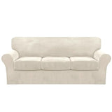 FantasDecor 4 Piece Sofa Velvet Couch Covers for 3 Cushion Stretch Slipcover with Individual Seat Cushion Elastic Furniture Protector for Pets, Machine Washable (Sofa, Ivory)