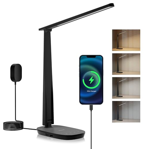 Honeywell HWT-H2 LED Desk Lamp for Home Office, CRI94 Full Spectrum Eye-Caring Light, Dimmable Table Lamp with USB-A & USB-C Charging Ports, Foldable Touch Control Reading Lamp, Black