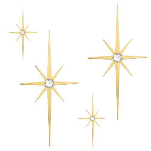 4 Pcs Star Wall Art for Home Decor Living Room Bedroom Office Metal 3D,Bling,with Hanging Hook Starburst Midcentury Sculpture Retro Gallery Accent Celestial -Gold 16.5in/9.4in
