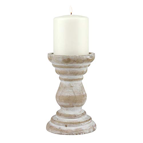 Stonebriar Antique White Wooden Pillar Candle Holder, Vintage Seaside Pillar Stand for Dining Table Centerpiece, Coffee Table, Mantel, Or Any Table Top, Medium