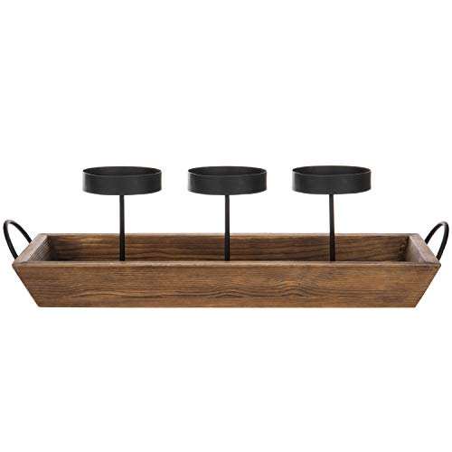 MyGift 3-Pillar Black Metal Candle Holder with Rustic Wood Tray and Handles, Tabletop/Mantel Centerpiece
