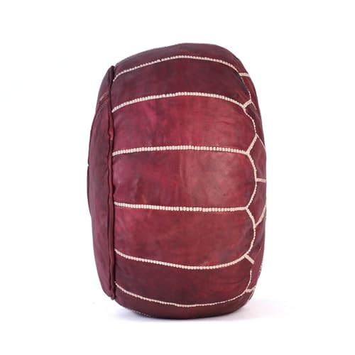 Handmade Moroccan Embroidered Leather Pouf | Delivered Unstuffed | Ottoman, Footstool, Footrest, Hassock, Floor Cushion, Coffee Table, Under Desk | Gift for Housewarming or Weddings (Burgundy)