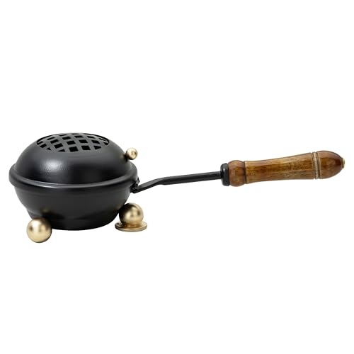 Premium Handmade Black Iron Incense Burner with Wooden Handle and Lid – Removable Screen, 3.15 Inch Diameter, 8.66 Inch Length
