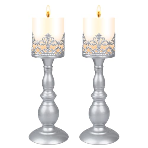 Candle Holders for Pillar Candles Gothic Matte Pearl Silver Tall Candle Holders Set of 2 Decorative Large Table Centerpieces Candle Stand Decor (Pearl Silver 2PCS A)