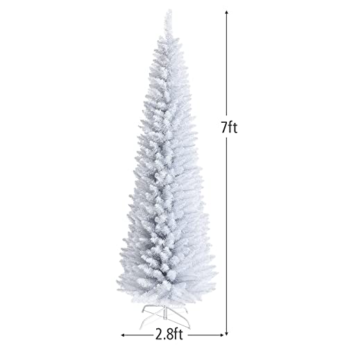 7FT White Pencil Christmas Tree, Artificial Christmas Tree w/Premium PVC Needles, Pine Tree w/Solid Metal Stand, Ideal for Home, Office, Shops, Holiday Decoration