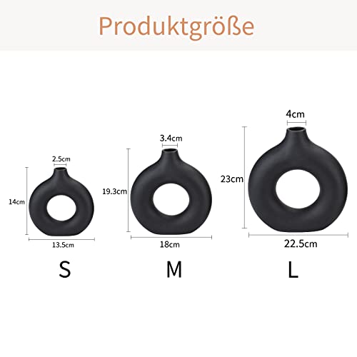 CEMABT Black Donut Vase Hollow Ceramic Vase for Flowers Handmade Minimalist Boho ins Style Modern Home Decor for Wedding Dinner Table Party Living Room Office Bedroom（M