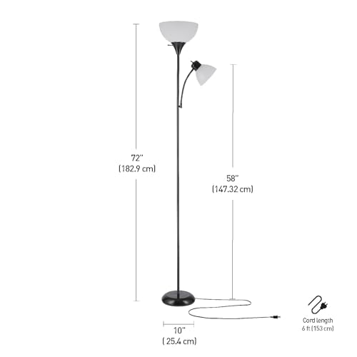 Globe Electric 67135 72" Floor Lamp with Adjustable Reading Light, Bright, Easy-to-Assemble Torchiere for Bedroom, Living Room & Office - Space-Saving Slim Design
