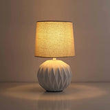White Ceramic Table Lamp, Geometric Textured Small Bedside Lamp with Linen Shade, Mid Century Modern Nightstand Lamp for Bedroom Living Room Reading Room, H 12" x W 6.7", 7W LED Bulb Included