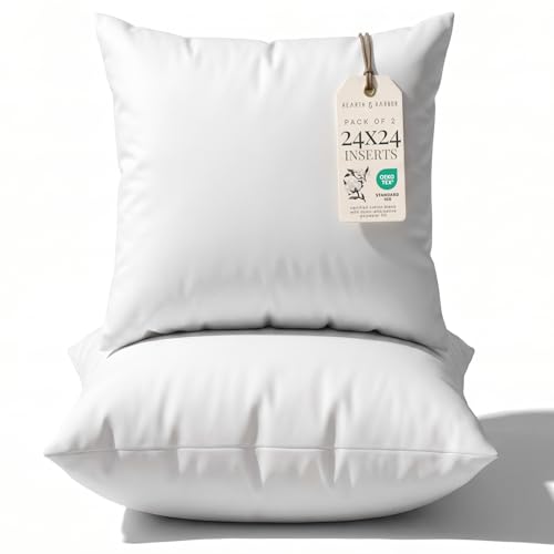Hearth & Harbor 24x24 Pillow Inserts Set of 2 – Square Throw Pillow Insert for Bed, Sofa & Couch – Soft, Fluffy & Supportive White Decorative Cushion Insert