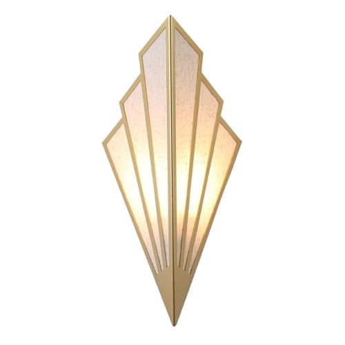 Modern Art Deco Wall Sconce, Iron Fan Shaped Wall Light Fixture, Minimalist Linen Fabric Sconce with Metal Accents, Hardwired Wall Lamp for Bedroom Living Room Hallway Corridor Parlor(Gold)