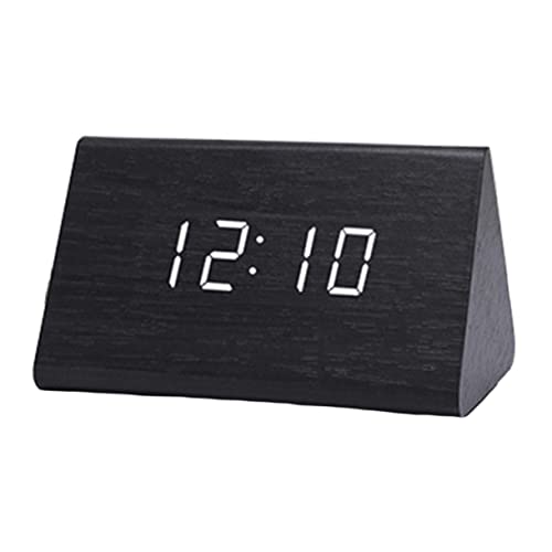 GLEAVI Modern Triangle Led Wooden Alarm Clock Desk Clock Digital Display Thermometer Function USB Powered Battery Operated Black Wood White Light