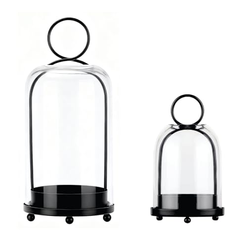 6" & 4" Wide Versatile Modern Metal Hurricane Lantern with Handmade Sturdy Glass Dome in Black for Pillar Candle & Plants, for Living Room, Porch, Mantel Decoration (Black, 4"x7.5" &6.3"x11.2")