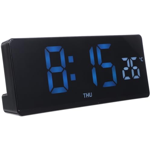 DECHOUS LED Digital Desk Clock Large Display Thermometer Alarm Clock Blue LED Temperature Display for Home Office, Black Frame, Battery Not Included