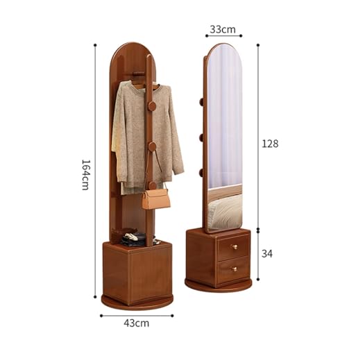 Full Body Mirror, Full-Length Mirror, Full-Length Mirror, Floor-to-Ceiling Mirror, All Solid Wood, Simple, rotatable, Drawer, Clothes Hanger, Coat Rack for Home Bedroom,Bedroom Furniture