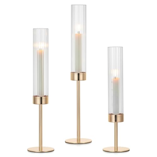 Hewory Gold Taper Candle Holders: Candlestick Holders Set of 3 Hurricane Glass Tall Candle Holder for Candlesticks Candle Sticks Holder Decor for Table Centerpiece Wedding Party Christmas Decorations