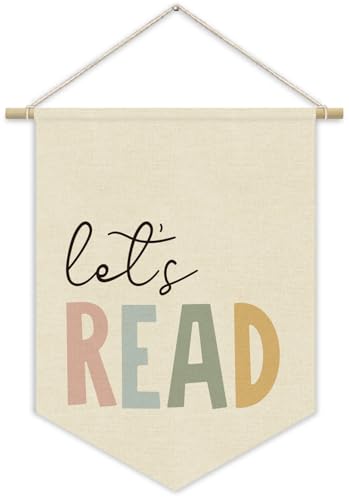 Reading Corner Decor, Let's Read Sign Kids Room Wall Canvas Banner, Library Boho Classroom Bookshelf Hanging Pennant Flag, 15x11in