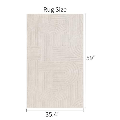 SHACOS Soft Cozy Fluffy Arch Pattern High Low Pile Area Rugs 3'x5' Non Slip Washable Scandinavian Minimalist Rug Modern Geometric Arc Carpet for Living Room Bedroom Dining Room, Beige