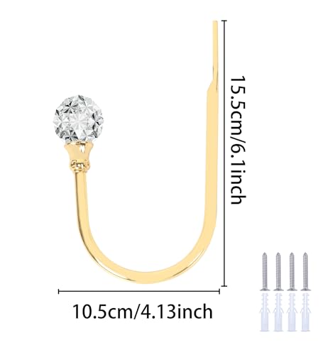 Groleca 2 x Heavy Duty U Shaped Metal Curtain Holdbacks Curtain Tiebacks with Clear Crystal Ball Pull Backs Curtain Holders for Drapes (Gold)