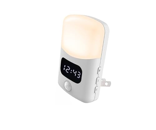 LUXON LED Motion Sensor Night Light with Digital Alarm Clock,Bathroom Clock Plug Into Wall 4000K Warm White,Dusk to Dawn Sensor for Bedroom,Hallway,Bathroom,Kitchen,Stair Indoor (12Hour Format)