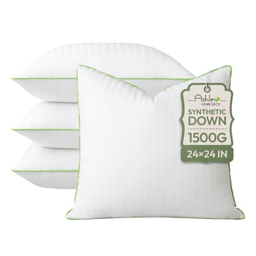 Ashler Home Deco Synthetic Down Pillow Inserts, 24x24 Down Alternative Throw Pillows Insert Sleeping Pillows with 100% Cotton Cover Decorative Pillow Stuffer for Sofa, Couch Bed(Set of 4, White)