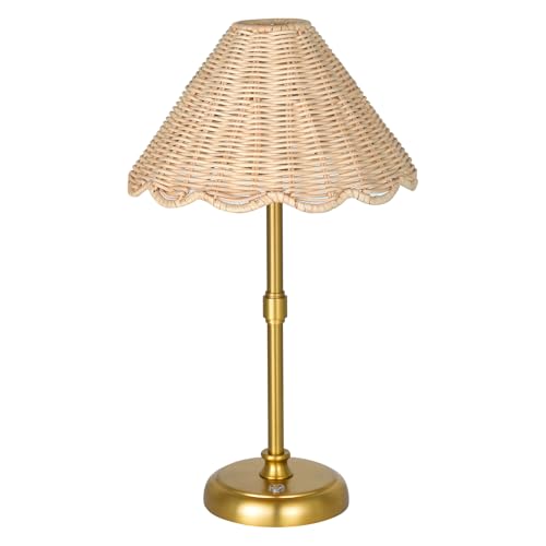 Cordless Boho Rattan Table lamp, 5200-mAh Rechargeable Battery, 3-level Brightness Dimmable, Build-in Integrated LED 320 Lumen Max, Rattan Shade, for Bedside Restaurant Resort Hotel Dining Table