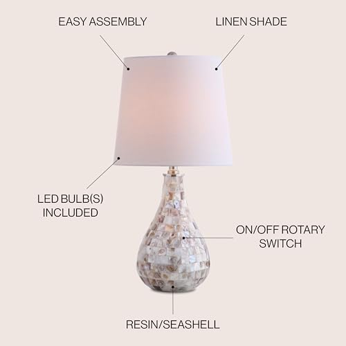 JONATHAN Y 20.5" Seashell Coastal Mini LED Table Lamp for Living Room Office, White Linen Drum Shade, Modern Mother of Pearl Bedside Nightstand Lamp, LED Bulb Included JYL1024A