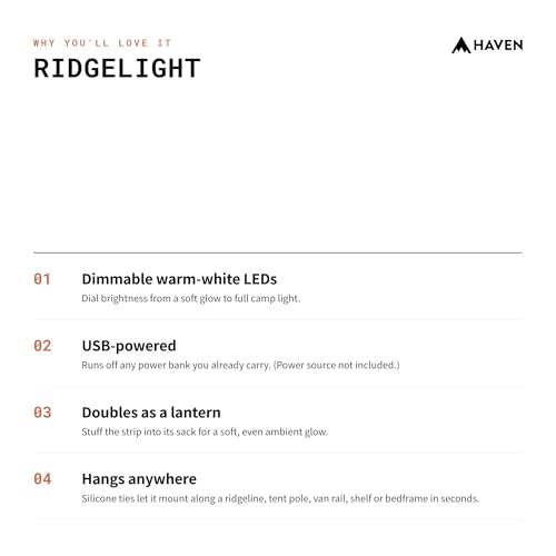 Haven Ridgelight - Dimmable LED Strip Lights - Hammock Camping Accessories - Tent Lights - Outdoor Indoor Light - 78 Inches Long