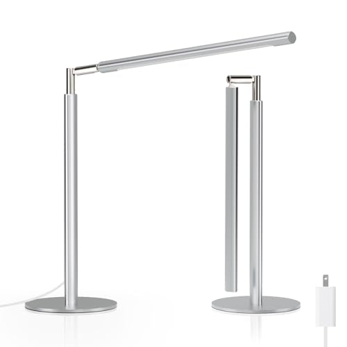 Metal Desk Lamp for Home Office - 16'' Foldable LED Desk Light for Reading, 4 Color Temps, 15W 1200Lm Dimmable Table Lamp with Flexible Arm, Task Lamp for College Dorm Study Painting, Silver