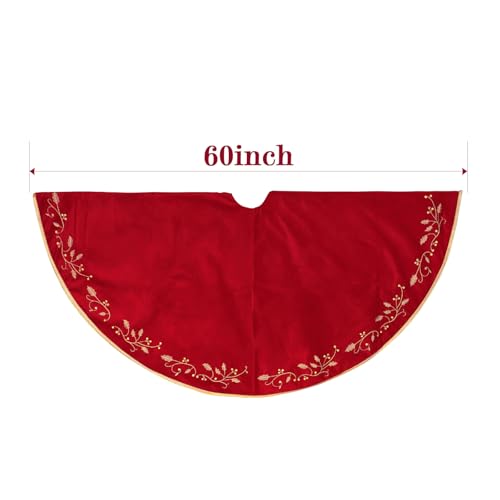 Bunny Chorus Christmas Tree Skirt, 60 Inch Red Christmas Tree, Large Rustic Velvet Fur Plush Tree Skirts, Xmas Tree Skirts with Gold Embroidered Holly Leaf for Christmas Tree Decorations