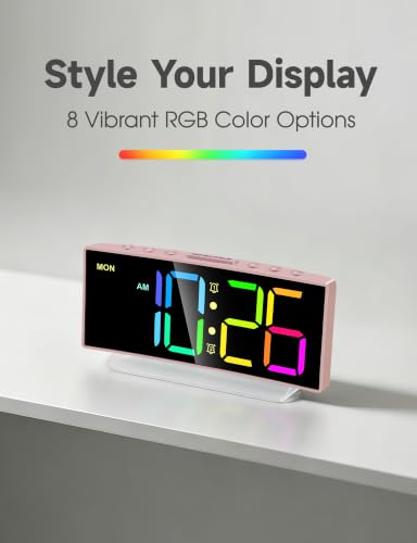 Cadmos Modern Curved Cute Digital Alarm Clock,Colorful Led Display,Adjustable Volume,Weekday/Weekend Mode,Simple Clock for Bedrooms Bedside,Ok to Wake Up for Girls,Kids,Teens (Pink+Dynamic)